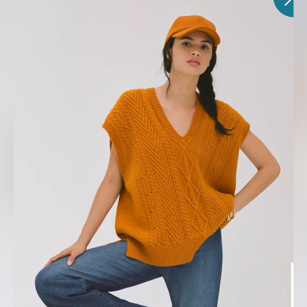 Anthropologie Cable-Knit V-Neck Vest in Mustard - NWOT